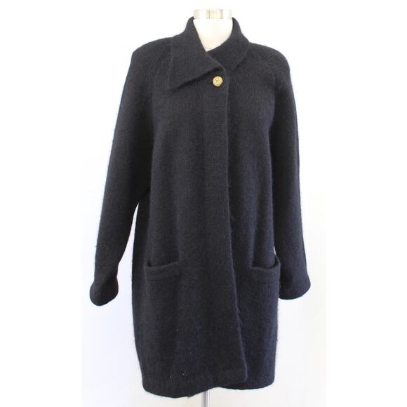 Vtg 90s Black Fuzzy Wool Mohair Blend Coatigan Cardigan Sweater Jacket Size M - Picture 1 of 7